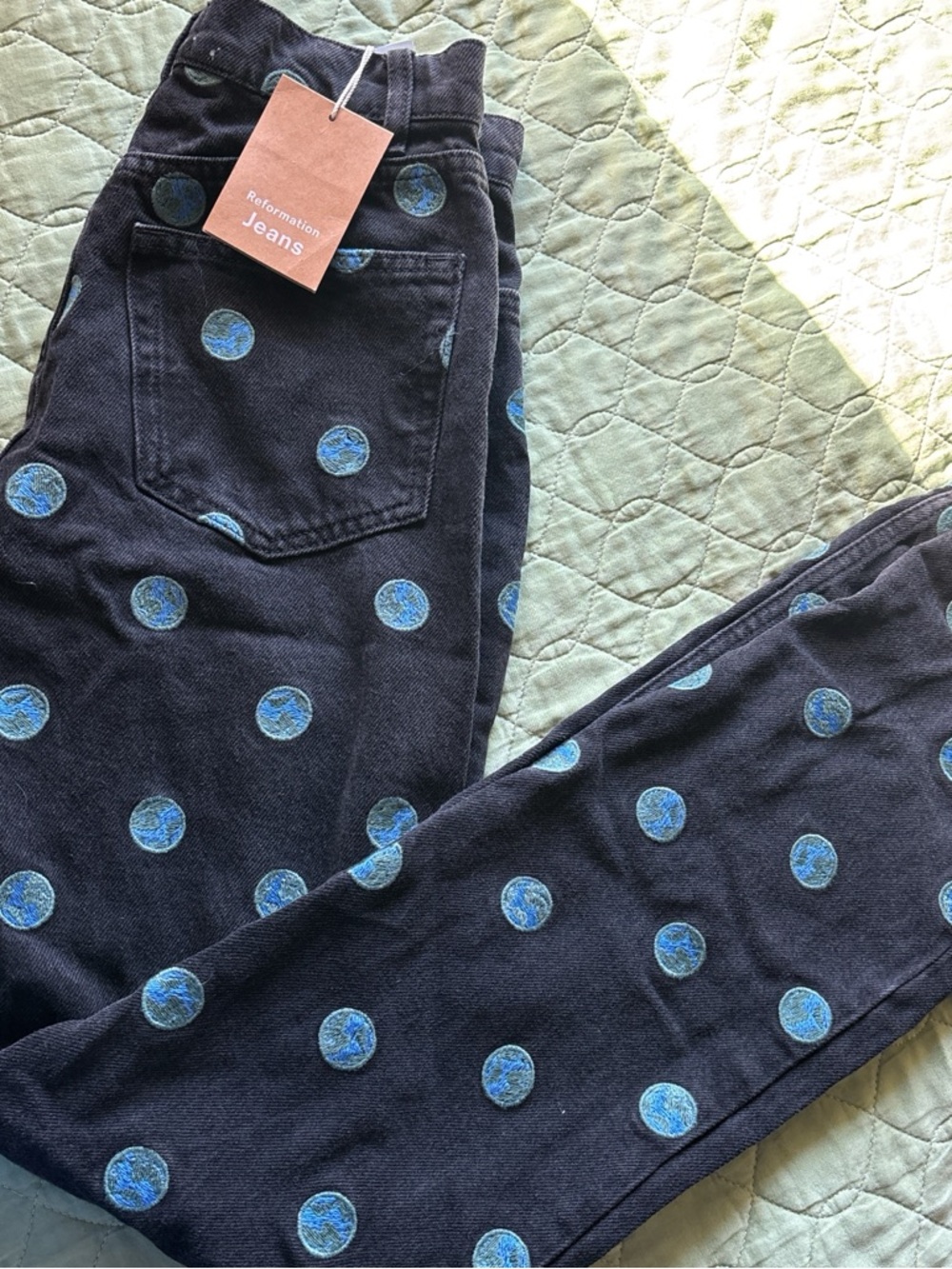 Reformation Black Straight Leg Jeans with Blue earth print